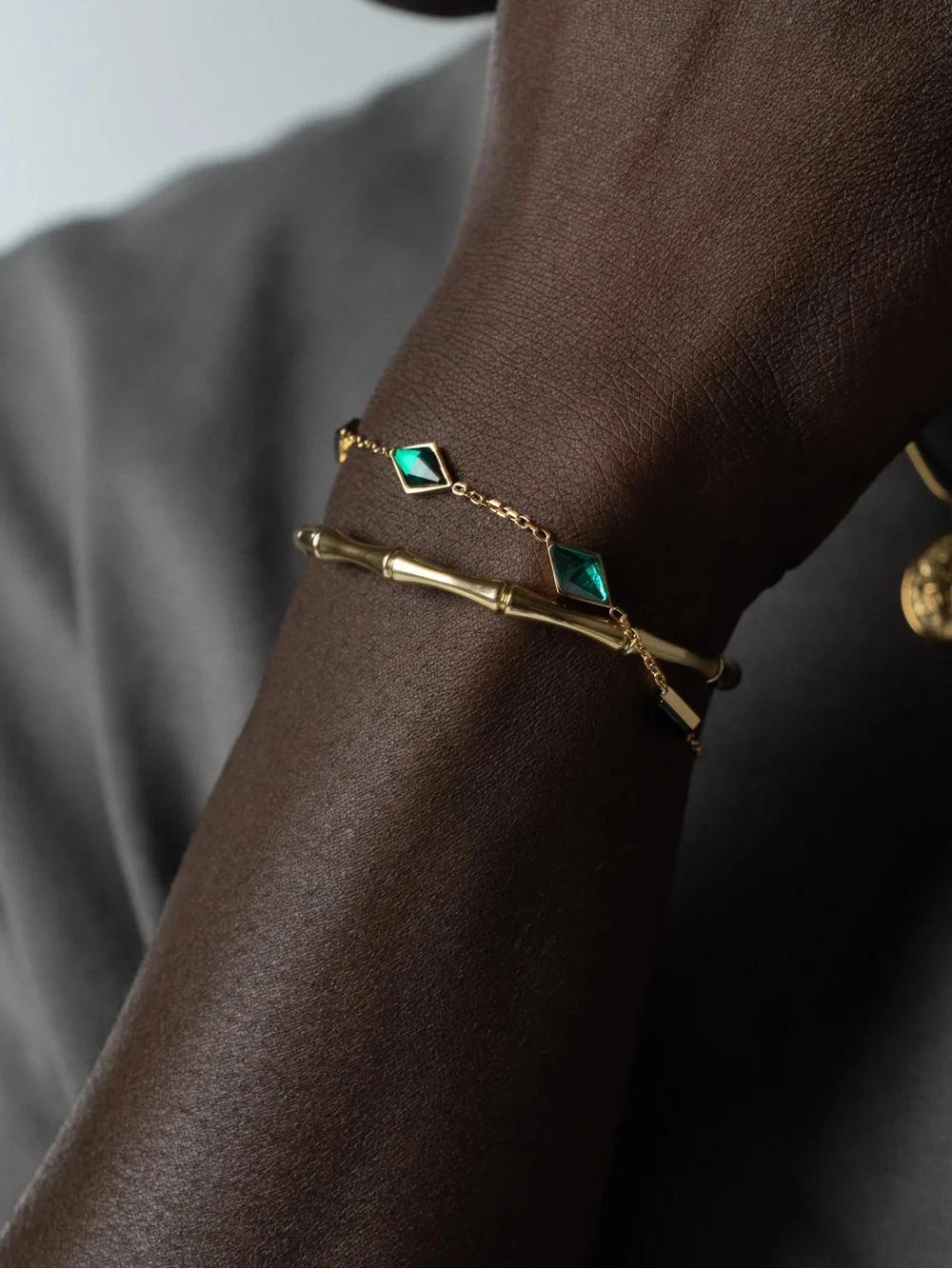Gold Chain Bracelet with Emerald Green Gemstone Links
